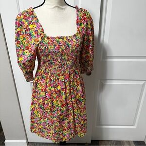 Rixo X Target mini floral dress smocked puff short sleeves with pockets